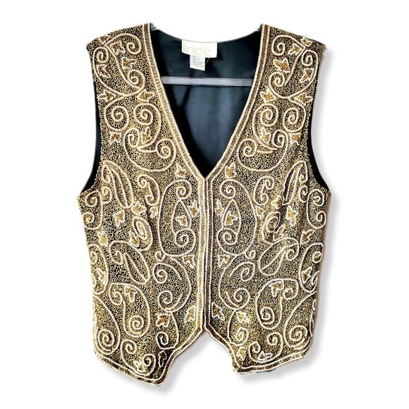 Women Vtg 90s Gold Beaded Vest L Cocktail Holiday Party NYE Gala Maximalist - Picture 13 of 13